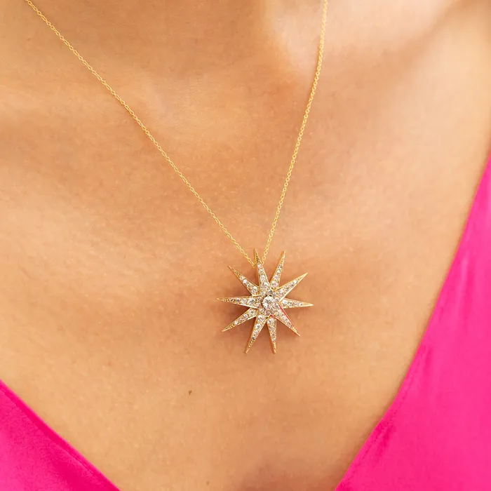 Antique Necklaces Victorian Old Mine Cut Diamond Starburst and 14k Yellow Gold Pendant