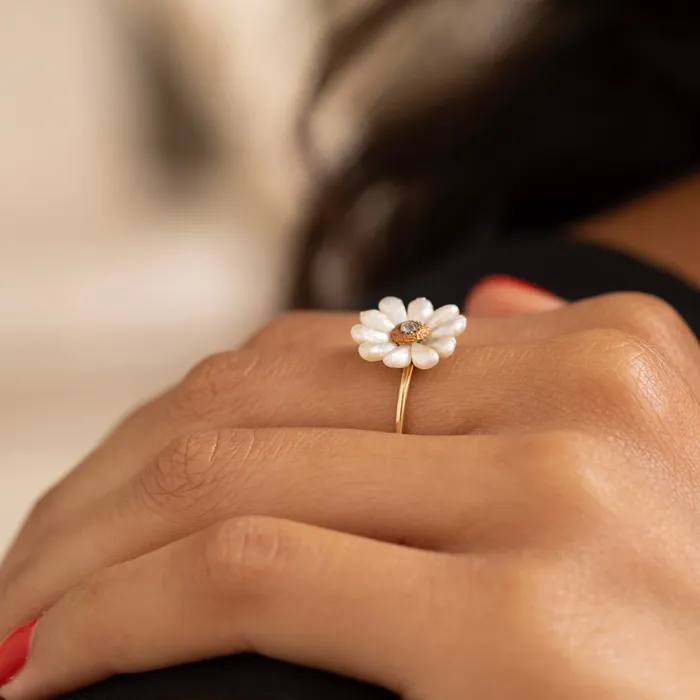 Antique Pearl Diamond and 14K Gold Flower Ring Rings