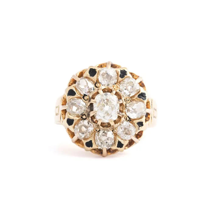 Antique Rings Victorian Old Mine Cut Diamond Cluster Ring with Enamel and 18k Yellow Gold