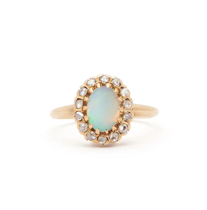 Antique Rings Victorian Opal And Rose Cut Diamond Cluster 14k Gold Ring