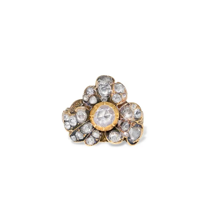 Antique Rings Victorian Rose Cut Diamond 14k Gold And Silver Floral Ring