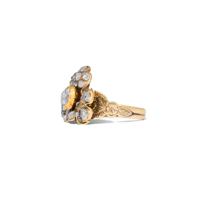 Antique Rings Victorian Rose Cut Diamond 14k Gold And Silver Floral Ring