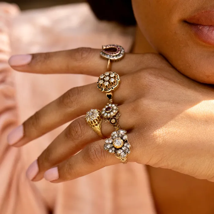 Antique Rings Victorian Rose Cut Diamond 14k Gold And Silver Floral Ring