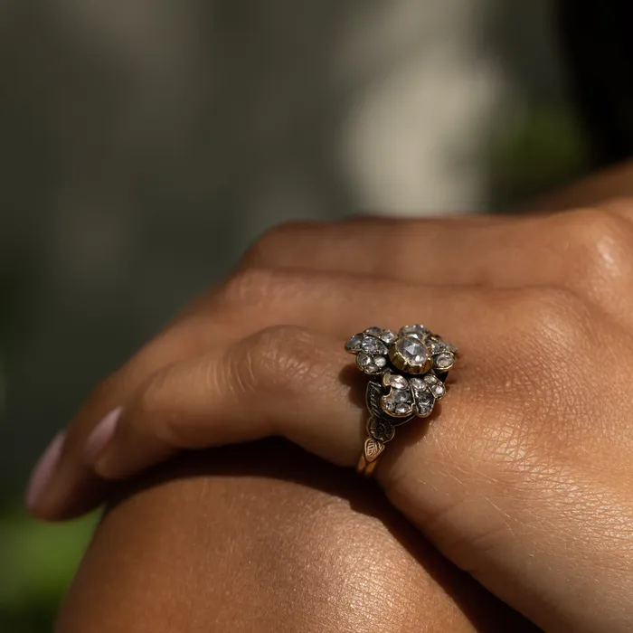 Antique Rings Victorian Rose Cut Diamond 14k Gold And Silver Floral Ring