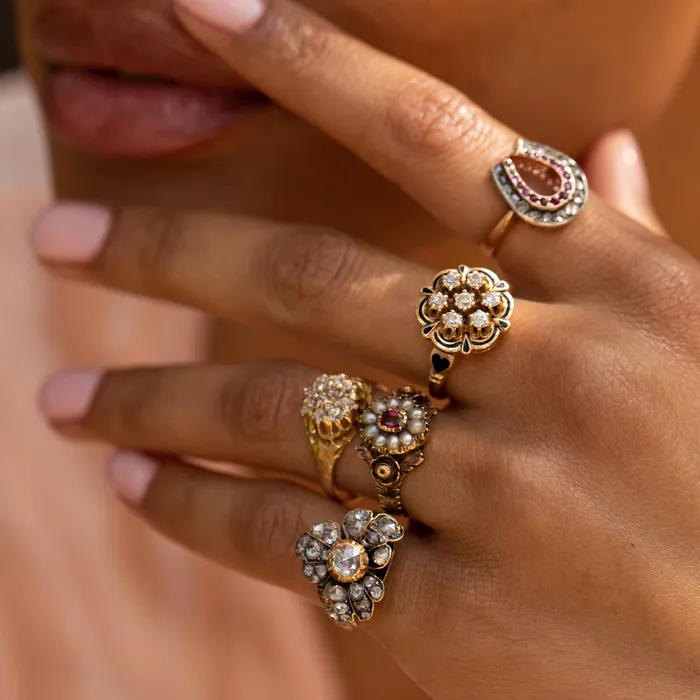 Antique Rings Victorian Rose Cut Diamond 14k Gold And Silver Floral Ring