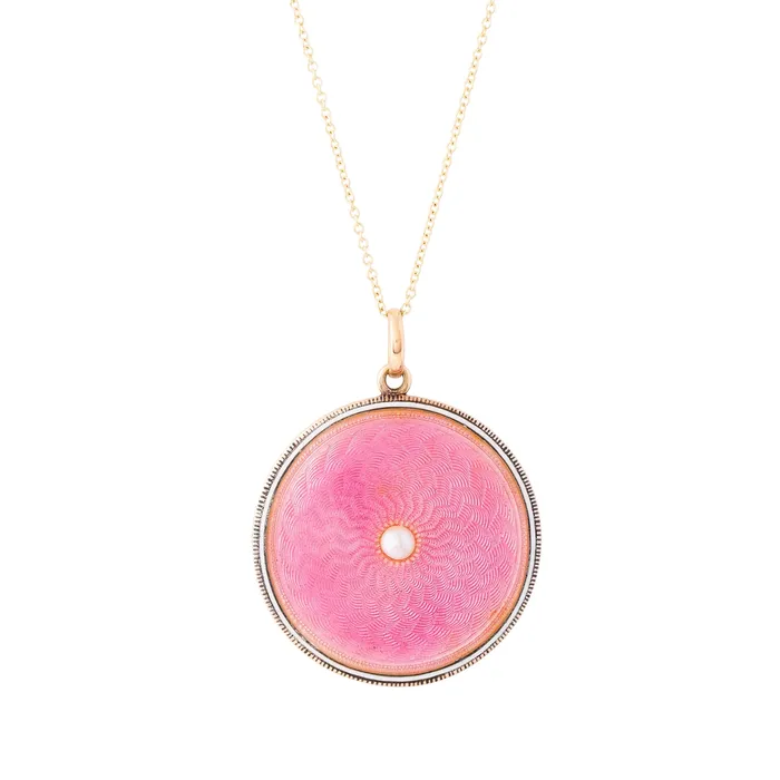 Antique Victorian Pink Guilloche Pearl And 14K Gold Locket Necklaces