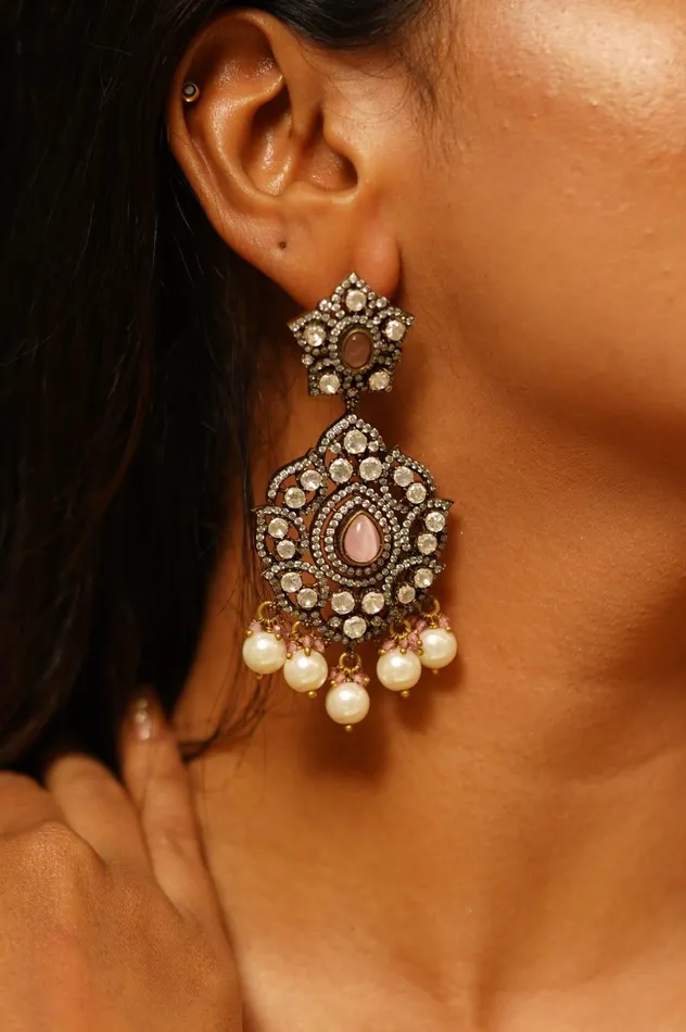 attrangi Earrings Sonakshi Uncut diamond Long earrings Victorian Polish