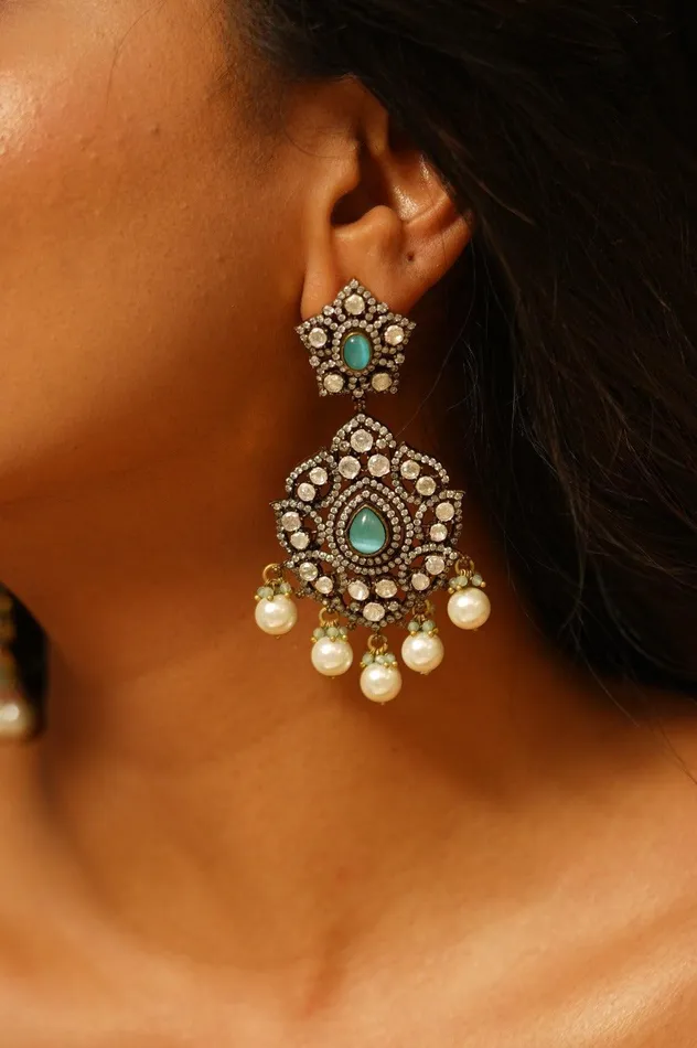attrangi Earrings Sonakshi Uncut diamond Long earrings Victorian Polish