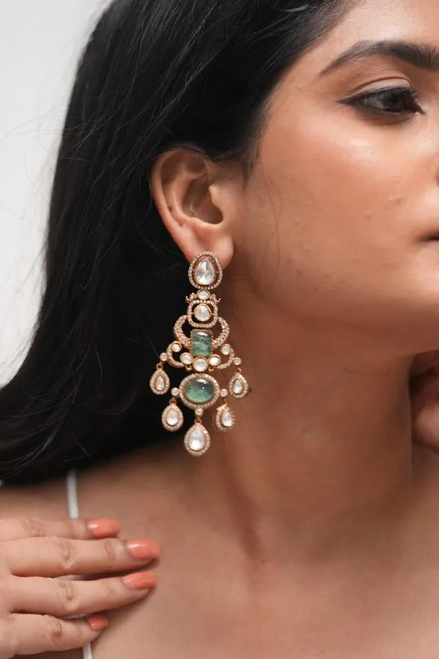Attrangi Sayoni Mint Polki Long Indo Western Earrings Earrings