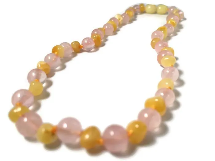 Baltic Essentials Necklaces Baltic Amber Teething Necklace Rainbow Milk Pink Rose Quartz 125