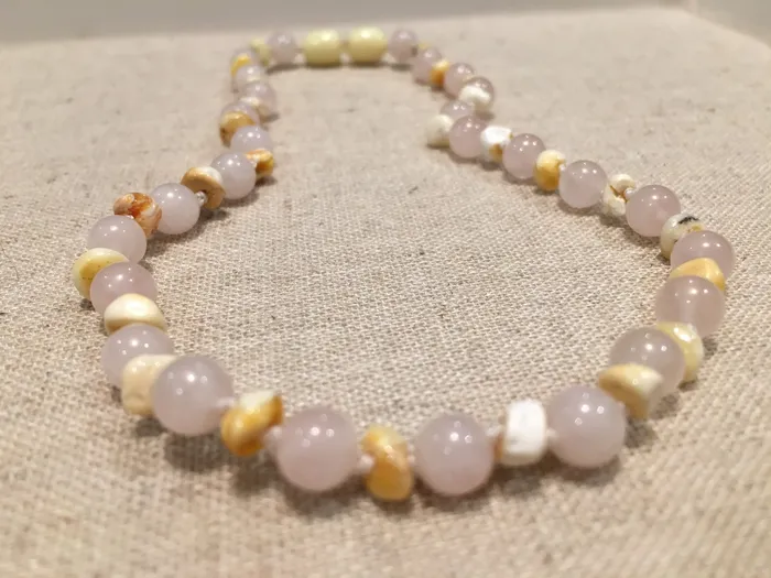 Baltic Essentials Necklaces Baltic Amber Teething Necklace Rainbow Milk Pink Rose Quartz 125