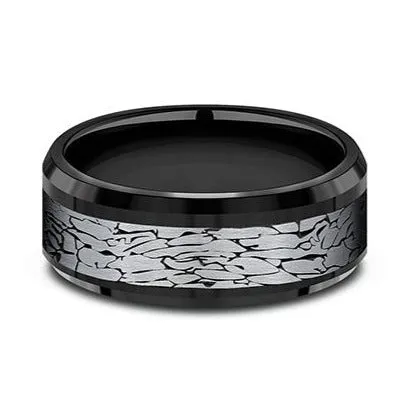 Black Tantalum Band with Fractured Rock Center Benchmark Rings