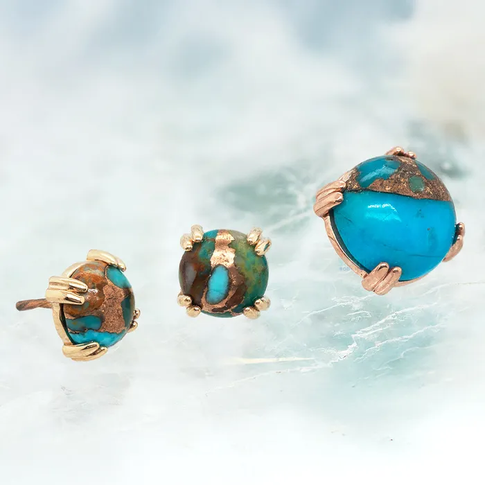 Body Vision BVLA Earrings threadless Copper Blue Turquoise Cabochon Prong Set Pin in Gold