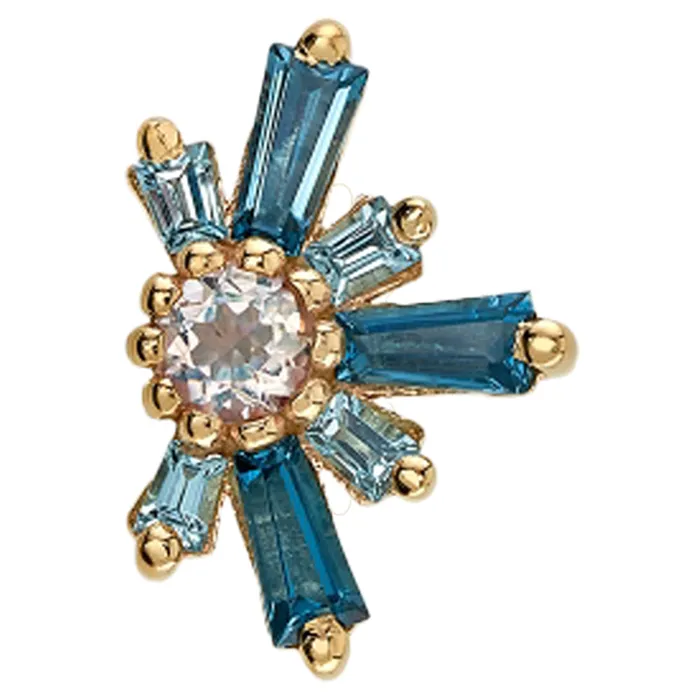 Body Vision BVLA Rings Half Mininova Half Supernova Threaded End in Gold with London Blue Topaz Swiss Blue Topaz surrounding a Rainbow Moonstone