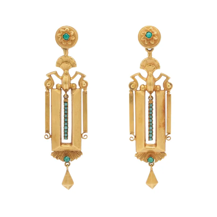 Earrings Antique Victorian Etruscan Revival 18K Gold And Turquoise Earrings