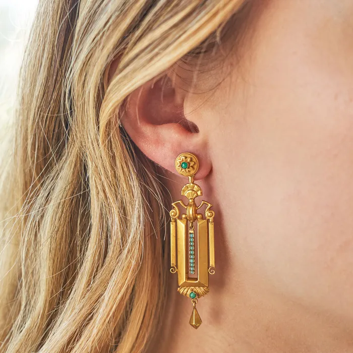 Earrings Antique Victorian Etruscan Revival 18K Gold And Turquoise Earrings
