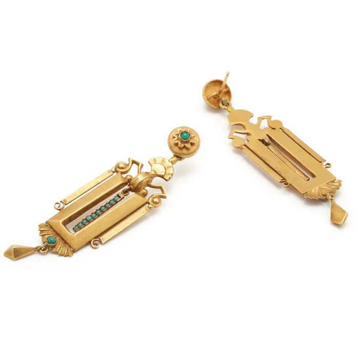 Earrings Antique Victorian Etruscan Revival 18K Gold And Turquoise Earrings