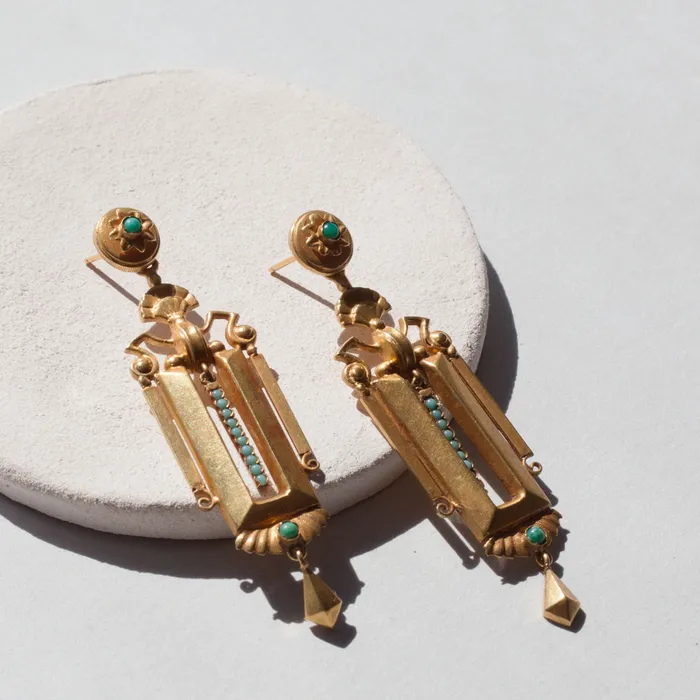 Earrings Antique Victorian Etruscan Revival 18K Gold And Turquoise Earrings