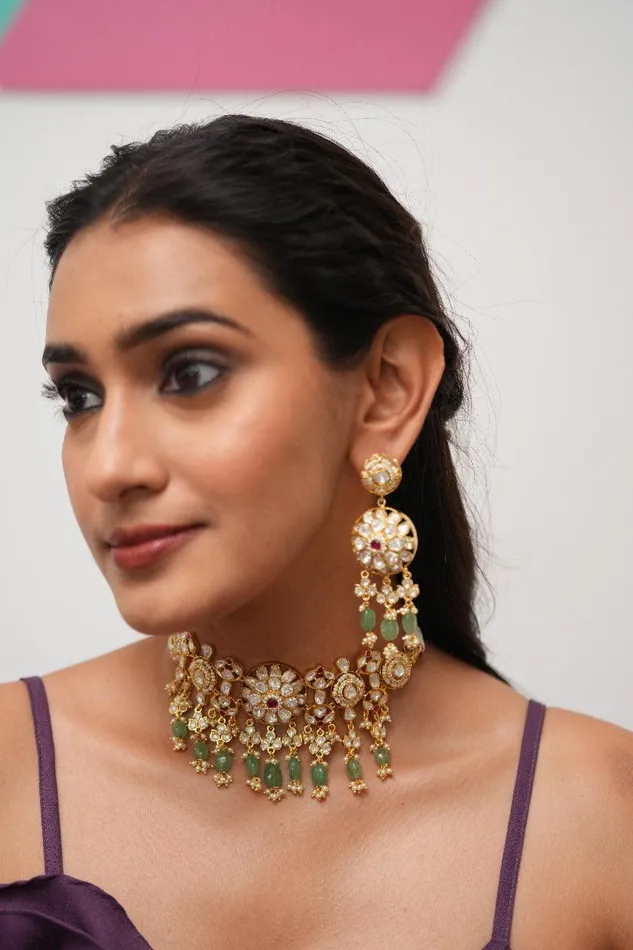 Earrings Attrangi Manisha Moissanite Gold Polki Choker Set with Long Earrings Earrings Attrangi Manisha Moissanite Gold Polki Choker Set with Long Earrings