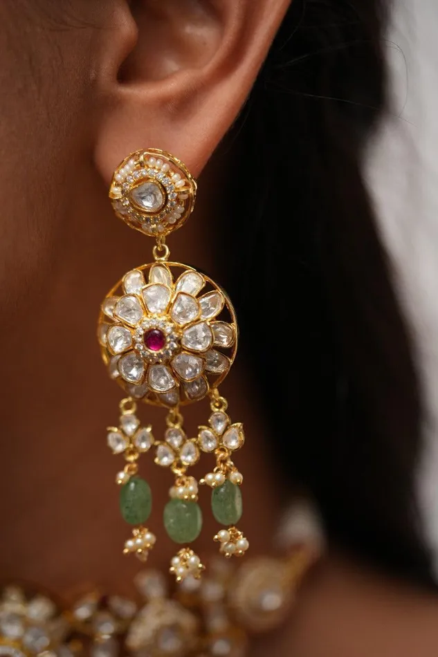 Earrings Attrangi Manisha Moissanite Gold Polki Choker Set with Long Earrings