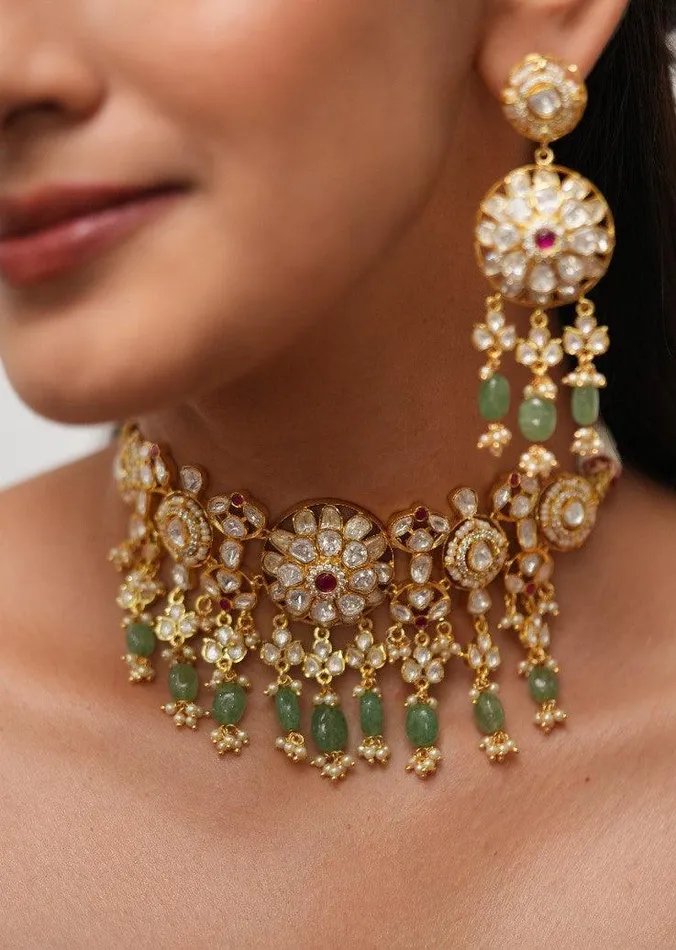 Earrings Attrangi Manisha Moissanite Gold Polki Choker Set with Long Earrings