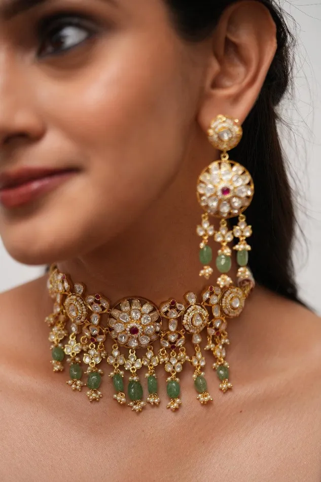 Earrings Attrangi Manisha Moissanite Gold Polki Choker Set with Long Earrings