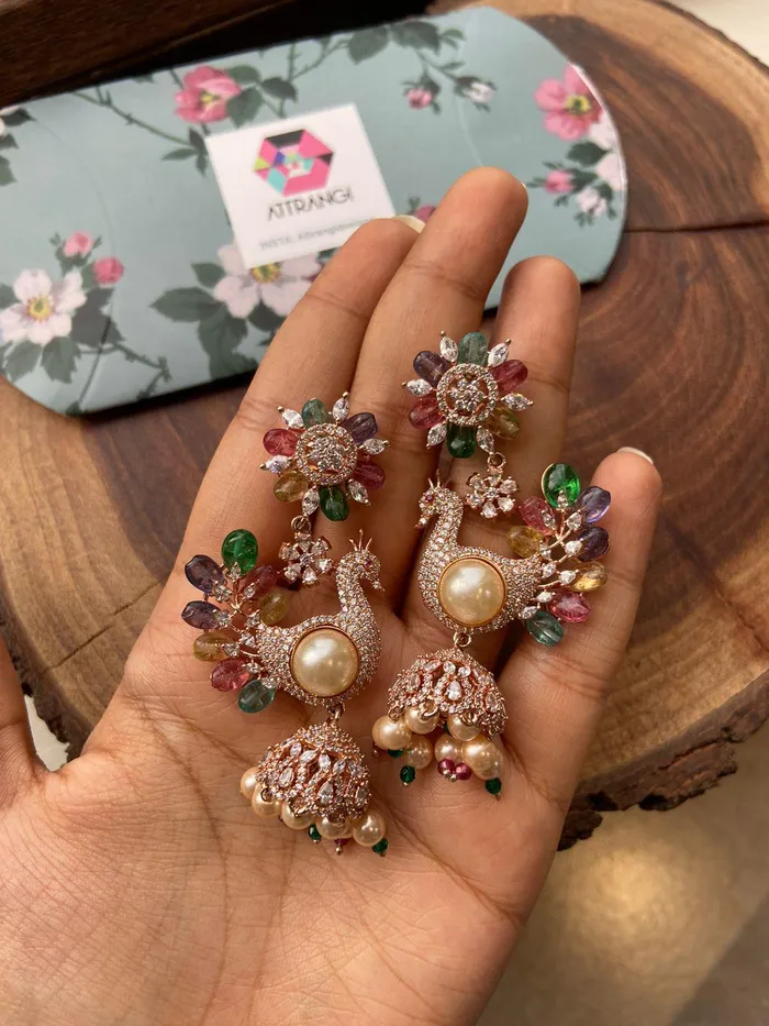 Earrings Attrangi Mulan Peacock Lala Land Diamond Jhumkas Lala Land collection Earrings Attrangi Mulan Peacock Lala Land Diamond Jhumkas Lala Land collection