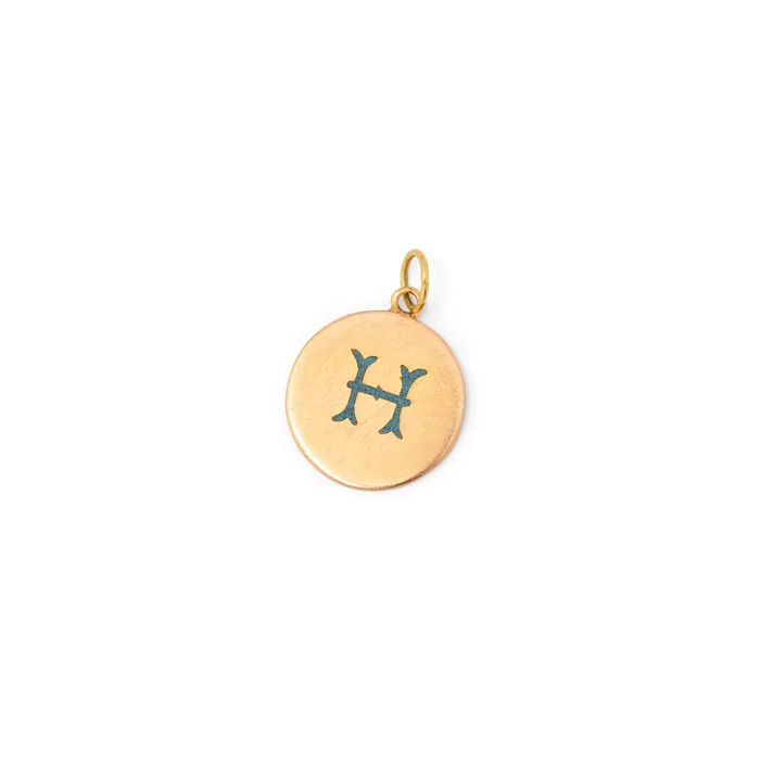 Earrings Blue Enamel H and 14K Gold Charm Antique