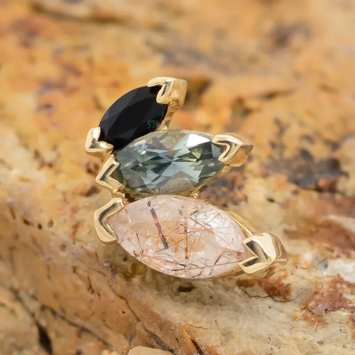Earrings Body Vision BVLA French Kiss Threaded End in Gold with Rutilated Quartz Grey Sapphire Onyx