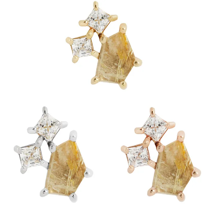 Earrings Buddha Jewelry Organics threadless Lyra End in Gold with Rutilated Quartz CZ
