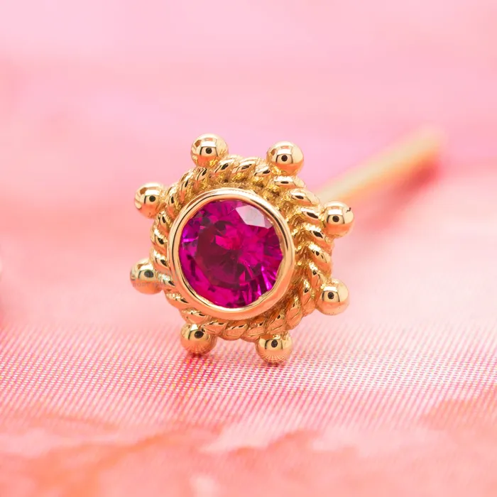 Earrings Indian Wheel Nostril Screw in Gold with Ruby Body Vision BVLA