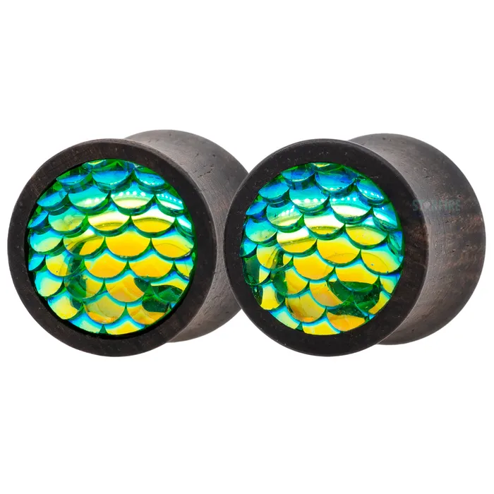 Earrings Mermaid Scale Plugs in Wood Esoteric Organics