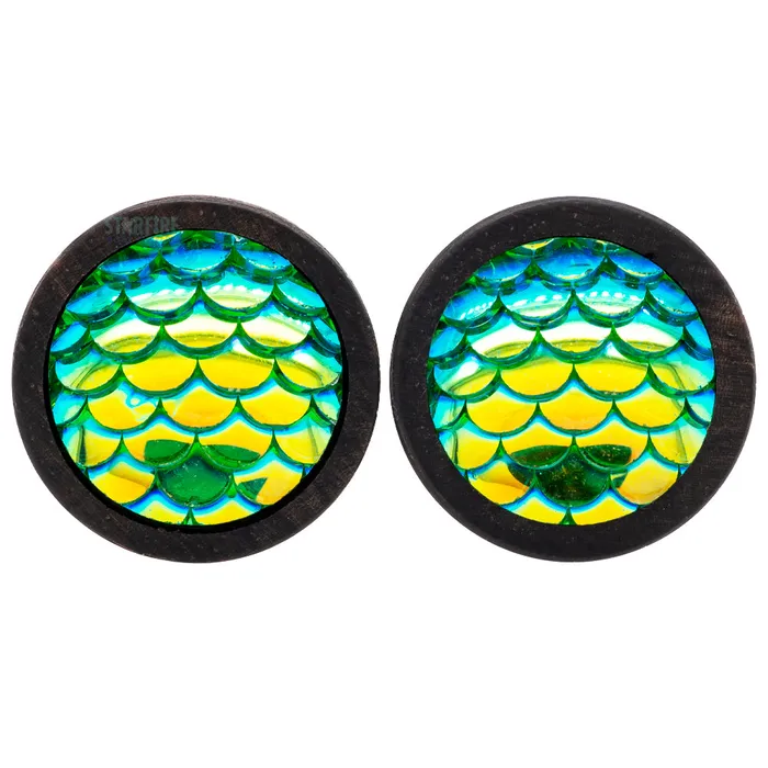 Earrings Mermaid Scale Plugs in Wood Esoteric Organics