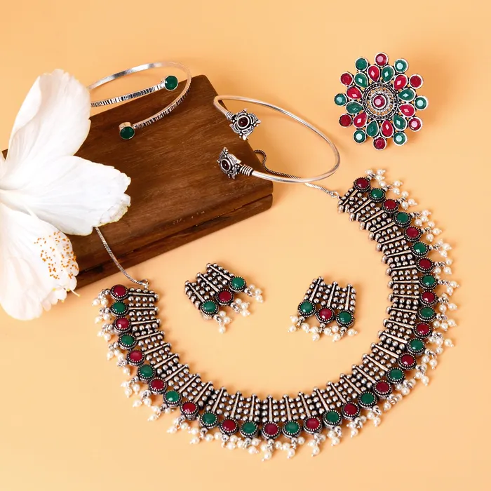 Earrings Teejh Naisha Multi Colored Silver Oxidized Jewelry Gift Set