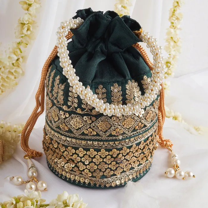 Earrings Teejh Royal Affair Bottle Green Embroidered Potli Bag Earrings Teejh Royal Affair Bottle Green Embroidered Potli Bag
