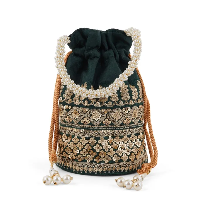 Earrings Teejh Royal Affair Bottle Green Embroidered Potli Bag Earrings Teejh Royal Affair Bottle Green Embroidered Potli Bag