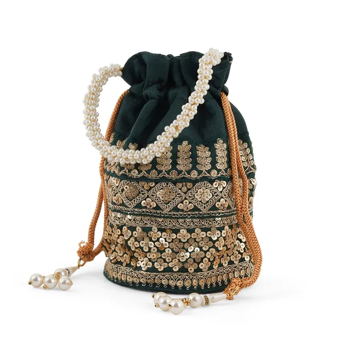 Earrings Teejh Royal Affair Bottle Green Embroidered Potli Bag Earrings Teejh Royal Affair Bottle Green Embroidered Potli Bag