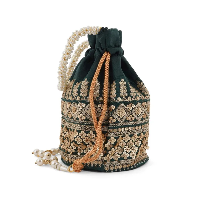 Earrings Teejh Royal Affair Bottle Green Embroidered Potli Bag Earrings Teejh Royal Affair Bottle Green Embroidered Potli Bag