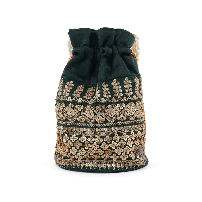 Earrings Teejh Royal Affair Bottle Green Embroidered Potli Bag Earrings Teejh Royal Affair Bottle Green Embroidered Potli Bag