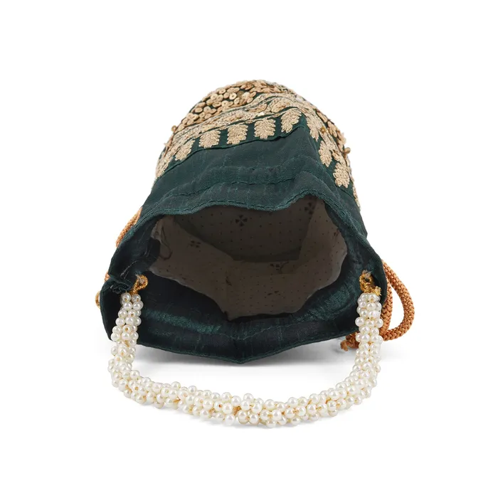 Earrings Teejh Royal Affair Bottle Green Embroidered Potli Bag Earrings Teejh Royal Affair Bottle Green Embroidered Potli Bag