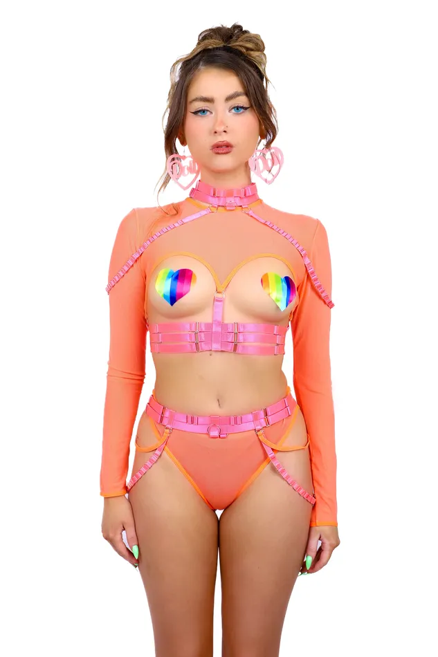 Earrings THE LUMI SHOP Orange Pink Heartbreaker Mesh Lingerie Set