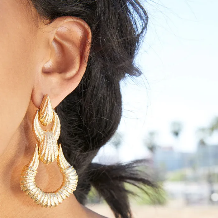 Earrings Vintage Large Textured 14K Gold Door Knocker Drop Earrings