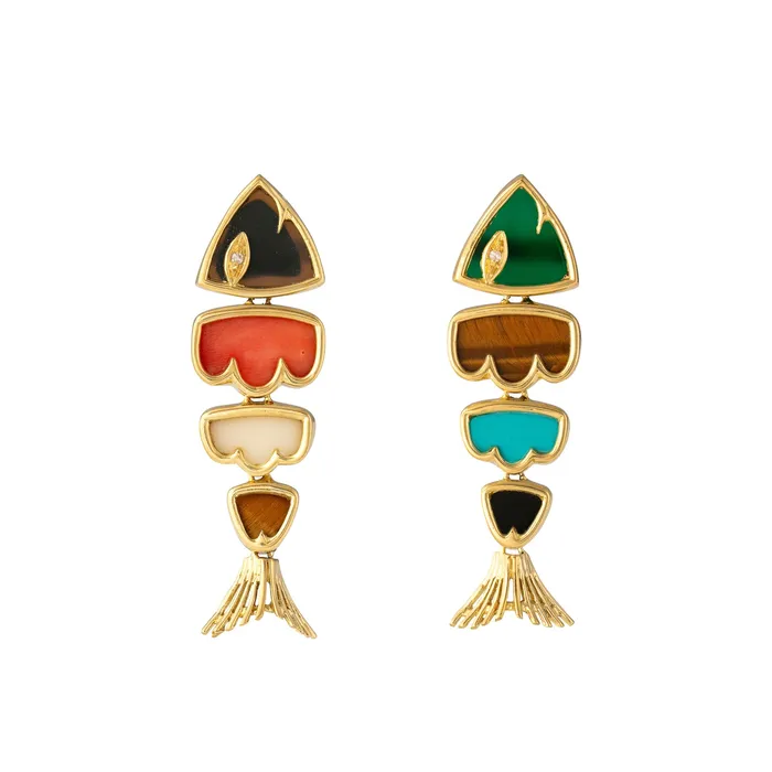 Earrings Vintage MultiStone and 18K Gold Fish Earrings