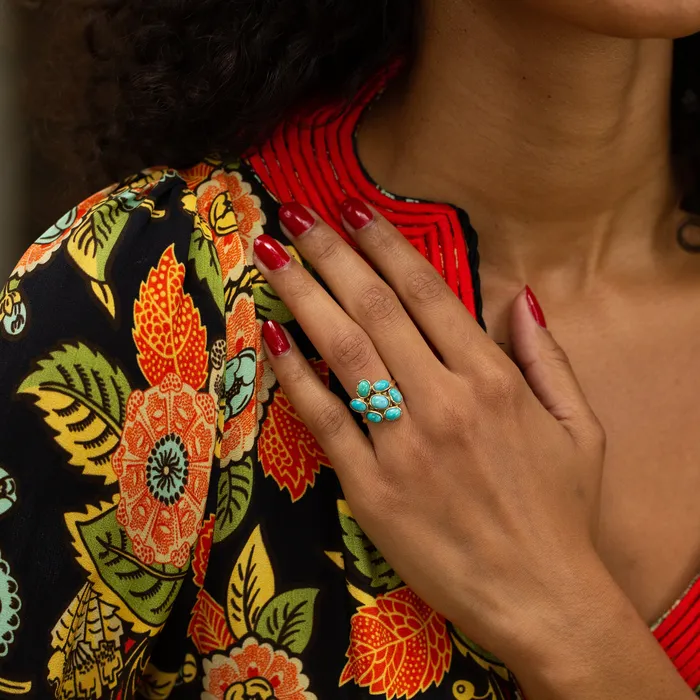 English Turquoise Cluster and 9k Gold Ring Vintage Rings