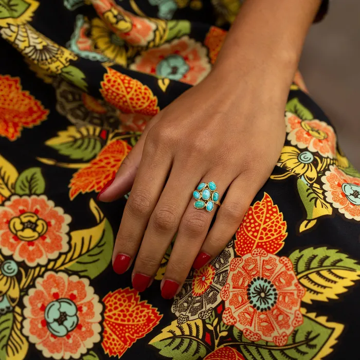 English Turquoise Cluster and 9k Gold Ring Vintage Rings