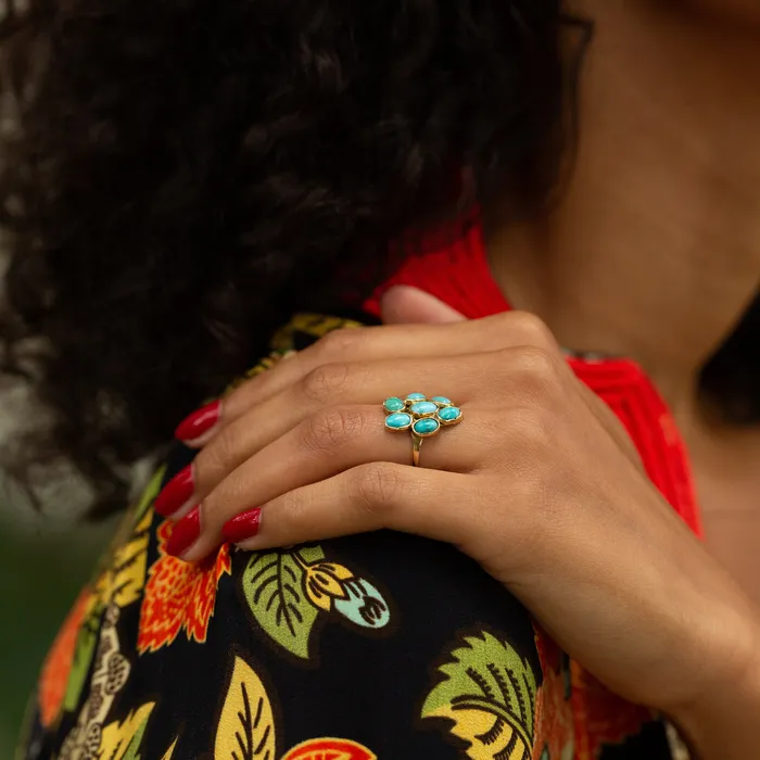 English Turquoise Cluster and 9k Gold Ring Vintage Rings