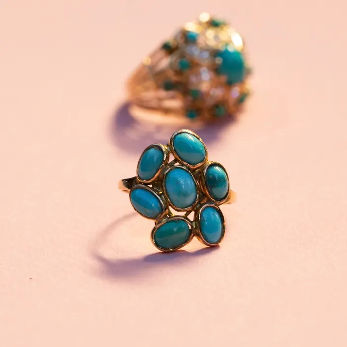 English Turquoise Cluster and 9k Gold Ring Vintage Rings