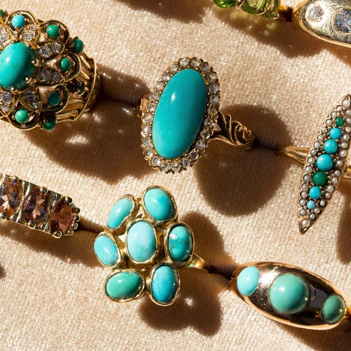 English Turquoise Cluster and 9k Gold Ring Vintage Rings