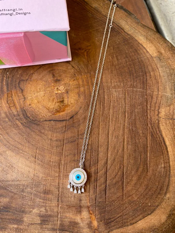 Evil Eye Pendant Chain with Dangling Diamonds Attrangi Necklaces Evil Eye Pendant Chain with Dangling Diamonds Attrangi Necklaces