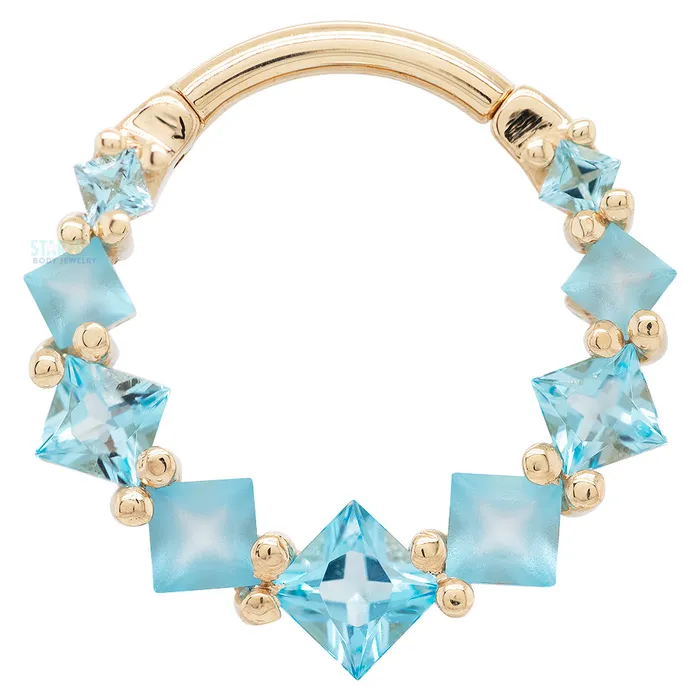 Graduating Tiffany Hinge Ring in Gold with Swiss Blue Topaz with Alternating Sandblasted Gems Body Vision BVLA Rings